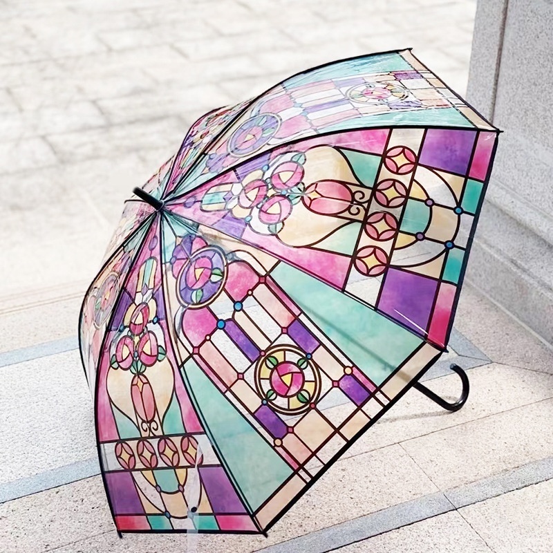 Retro Palace Style Stained Glass Long Handle Automatic straight INS auto open Transparent Umbrella