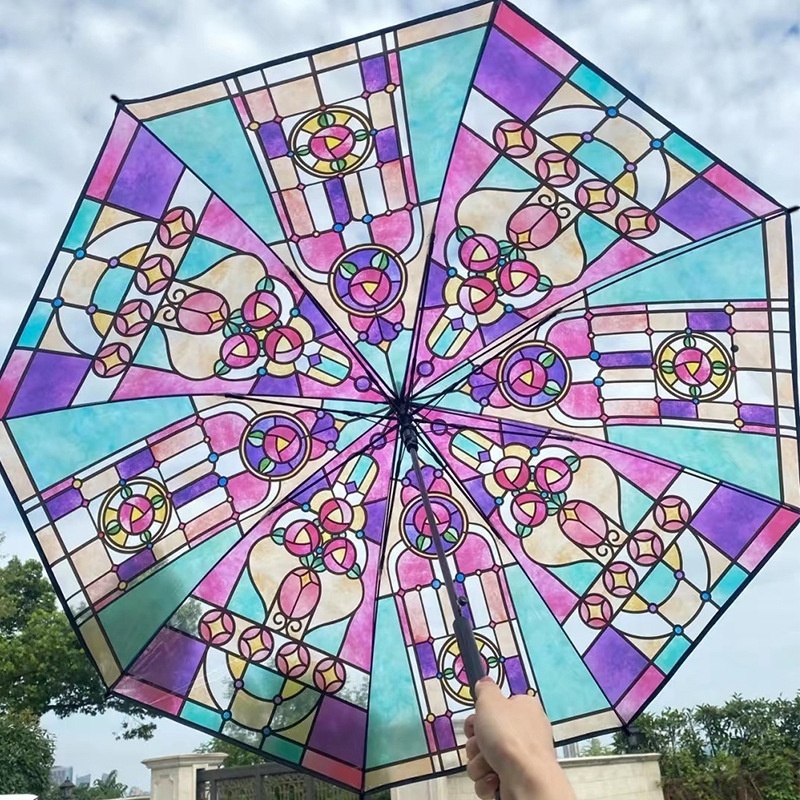 Retro Palace Style Stained Glass Long Handle Automatic straight INS auto open Transparent Umbrella