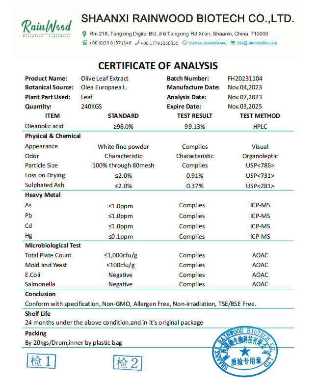 Nutrition Supplement CAS 508-02-1 Olive Leaf Extract 98% Powder Oleanolic Acid