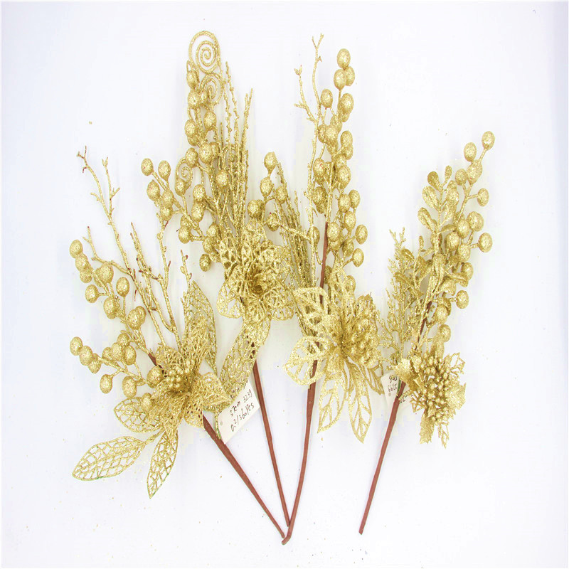 DIY New Christmas glitter   Gold  powder  Flowers Plastic Pick Floral Pick With Pine Needle & Berry Artificial Bouquet