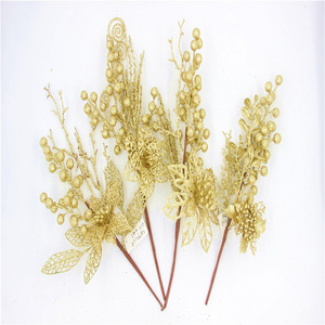 DIY New Christmas glitter   Gold  powder  Flowers Plastic Pick Floral Pick With Pine Needle & Berry Artificial Bouquet