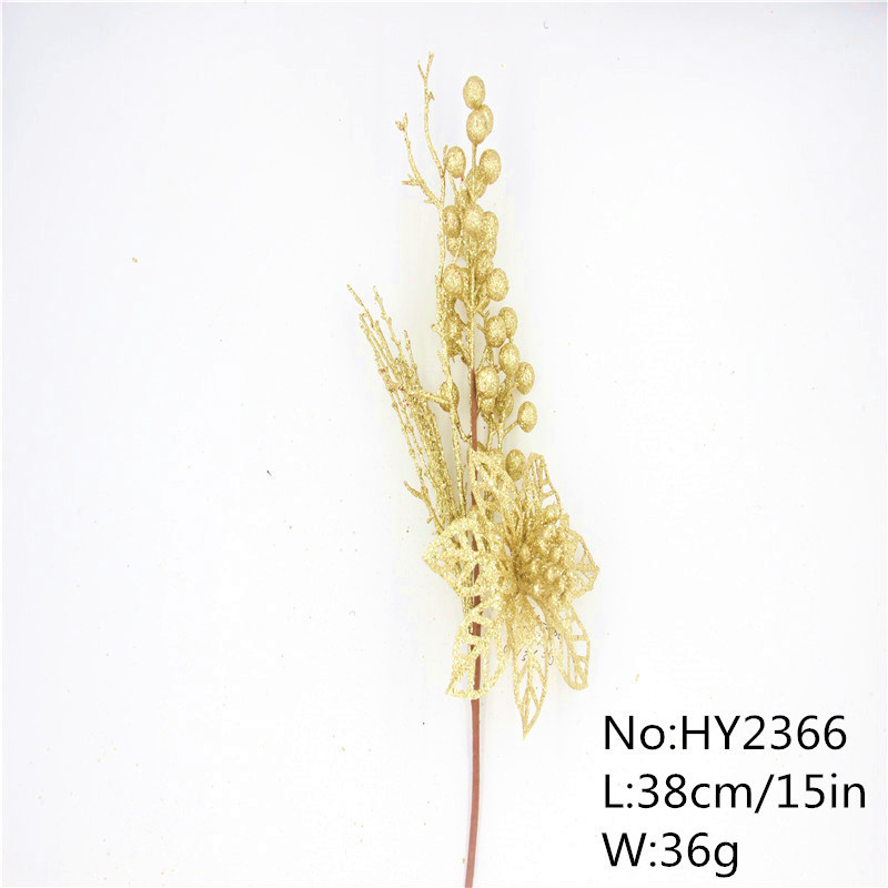 DIY New Christmas glitter   Gold  powder  Flowers Plastic Pick Floral Pick With Pine Needle & Berry Artificial Bouquet