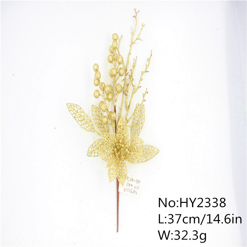 DIY New Christmas glitter   Gold  powder  Flowers Plastic Pick Floral Pick With Pine Needle & Berry Artificial Bouquet