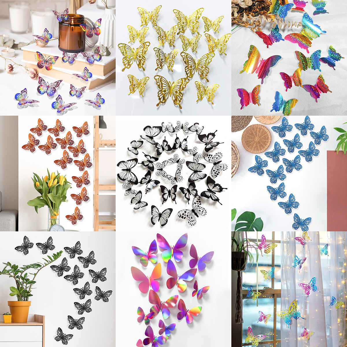 3D butterfly hollowed out simulation butterfly dazzling colorful PVC black and white butterfly wall stickers for home decoration