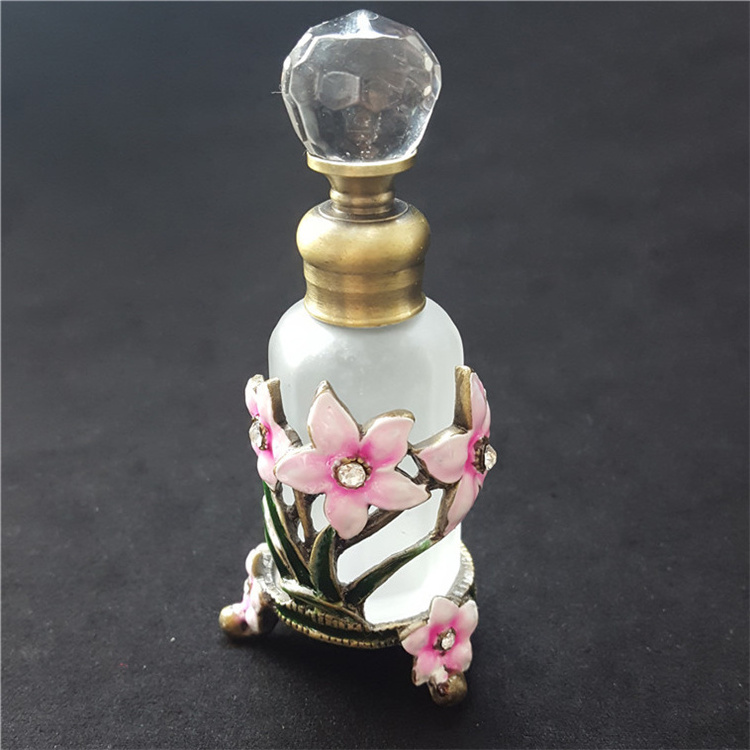 Pink Flower Decorated Frog White Perfume Glass Bottle 15ml with Metal Diamond Stick Cap