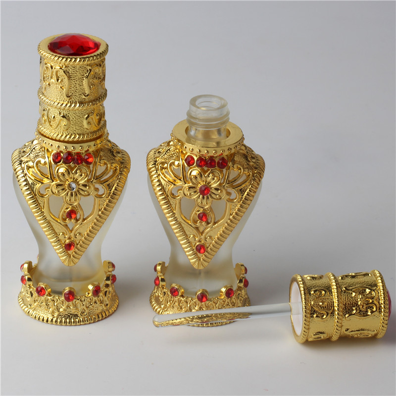 8ml Arabic Style crystal diamond perfume bottle with Metal and Beads Decorated Glass Stick/Dropper Cap