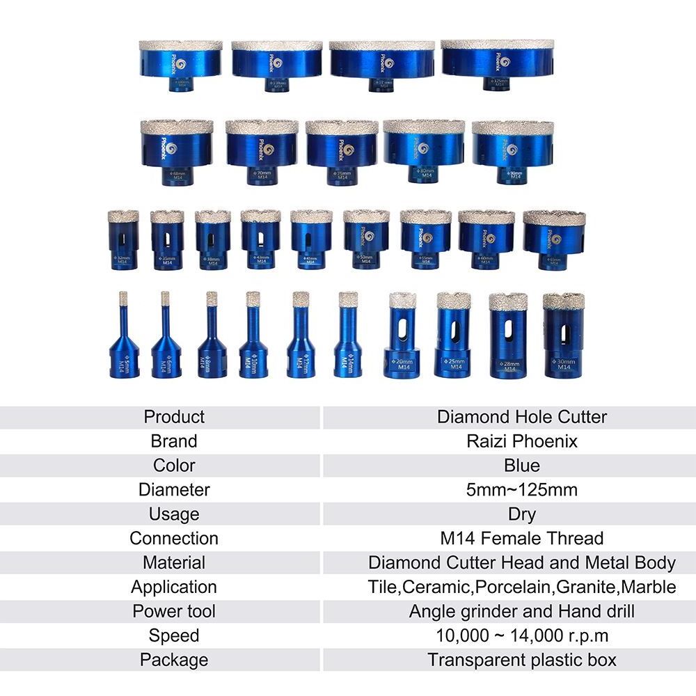 Raizi 5-150mm Vacuum Brazed Diamond Tile Porcelain Ceramic Cutting Hole Saw Cutter Core Drill Bit