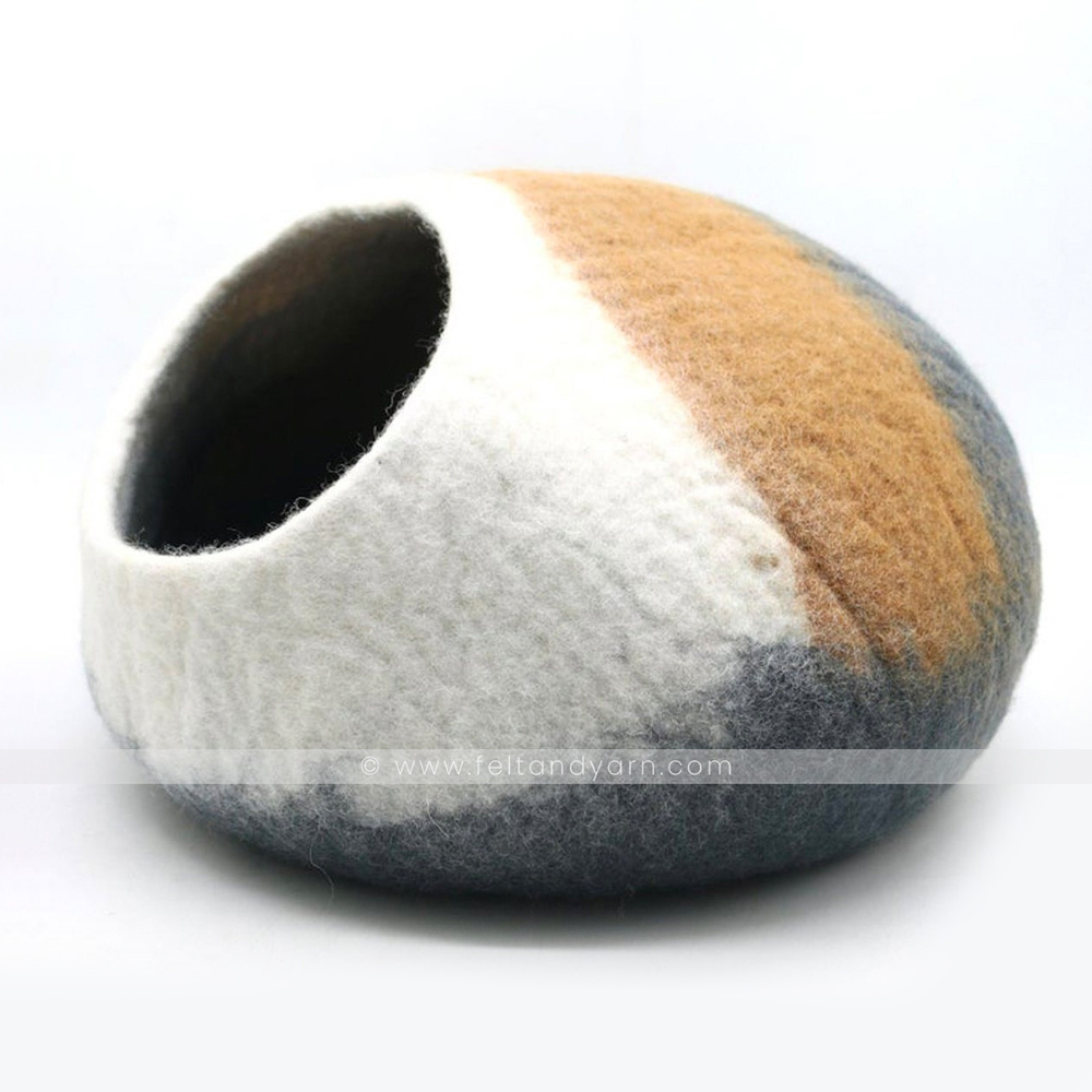 Tri-color warm and a cozy cat cave pet bed handmade with organic wool, adorable felt warm and comfy cat cave