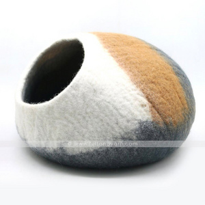 Tri-color warm and a cozy cat cave pet bed handmade with organic wool, adorable felt warm and comfy cat cave