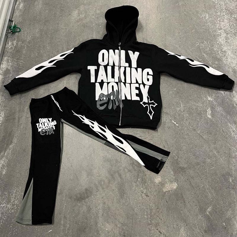 Trendy 3D Puff Print flared pants Tracksuit Sweat Suit Unisex Sweat Jogger Set Vintage Full flare Hoodies Tracksuit Sweat Suits