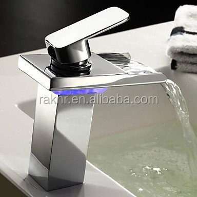 Bathroom Single Handle Waterfall Basin Faucets 3 Colors Changing Light Falls Water Mixer Square Taps