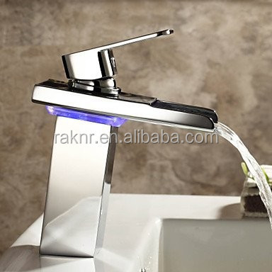 Bathroom Single Handle Waterfall Basin Faucets 3 Colors Changing Light Falls Water Mixer Square Taps