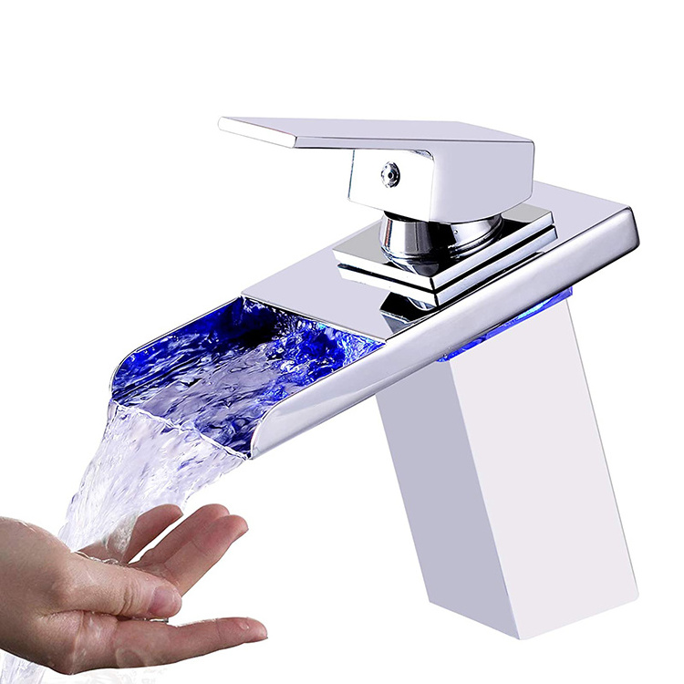 Bathroom Single Handle Waterfall Basin Faucets 3 Colors Changing Light Falls Water Mixer Square Taps