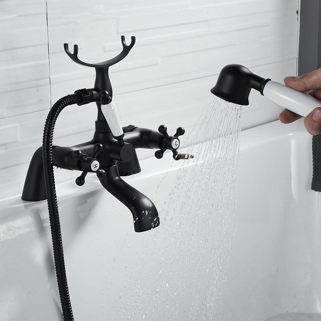 Traditional 1/4 Turn Dual Lever Black Victorian Bath Taps Metered Faucets for Bathroom Tub Shower Mixer Tap for Classic Style