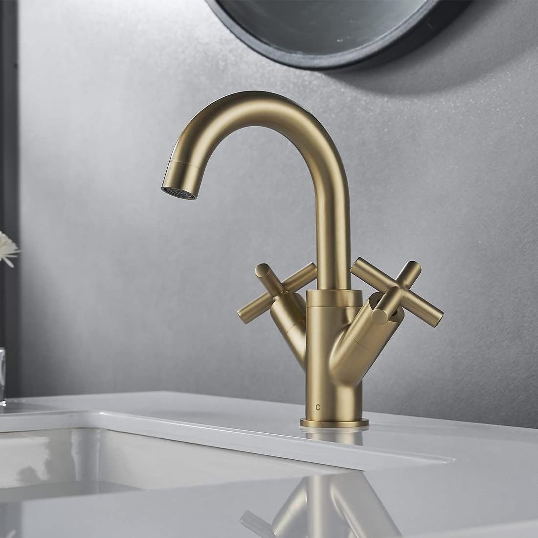 Waterfall Glass Bathroom Basin Tap Bronze Faucets, Brushed Gold Basin Mixer Tap Swivel Spout, Brass Bathroom Sink Tap