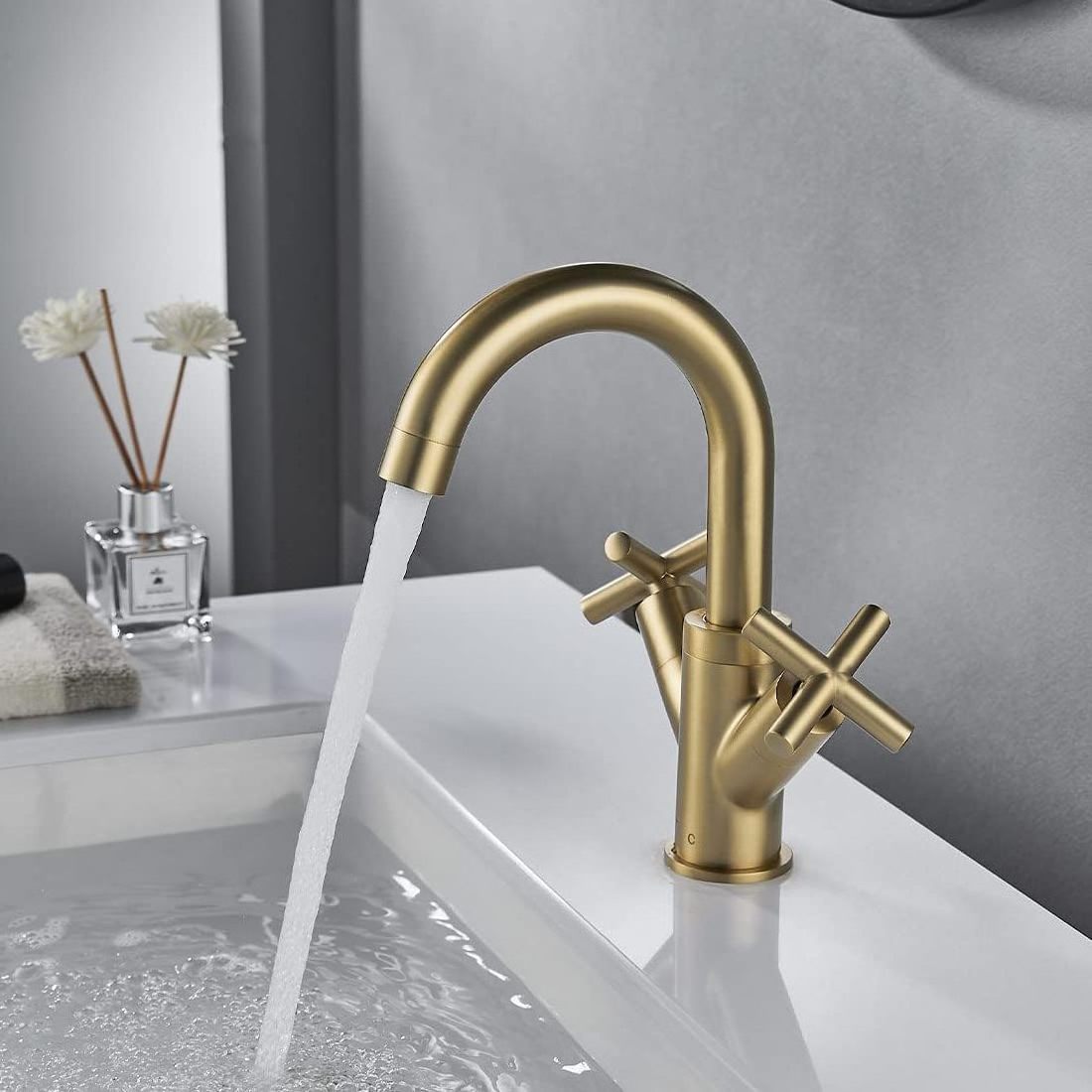 Waterfall Glass Bathroom Basin Tap Bronze Faucets, Brushed Gold Basin Mixer Tap Swivel Spout, Brass Bathroom Sink Tap