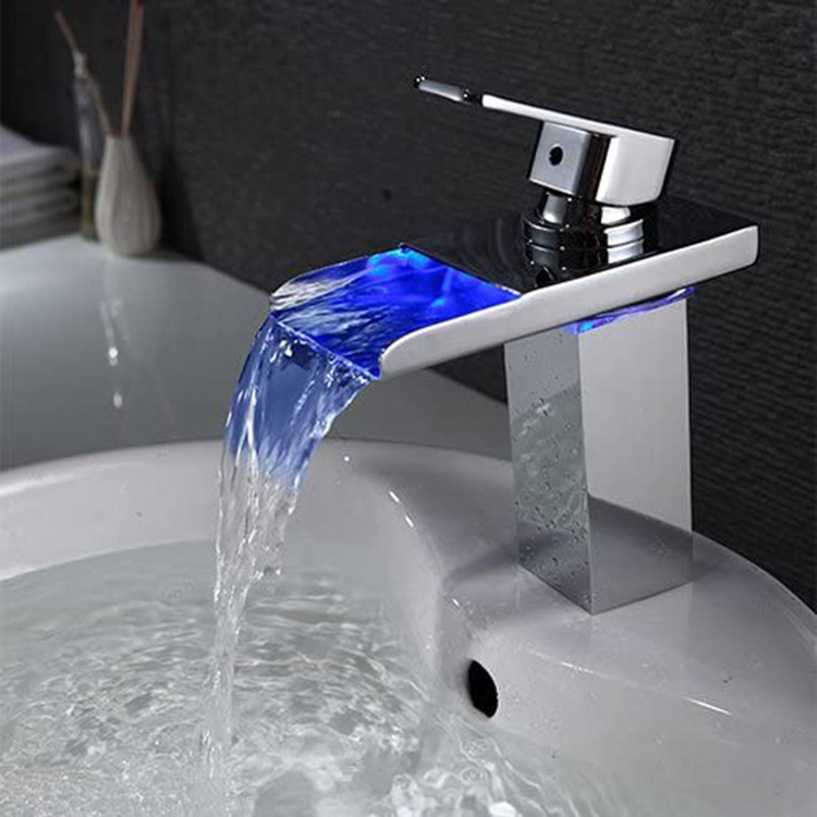 Waterfall Bathroom Sink Faucet Mixer Tap LED Color Changing Faucet Light