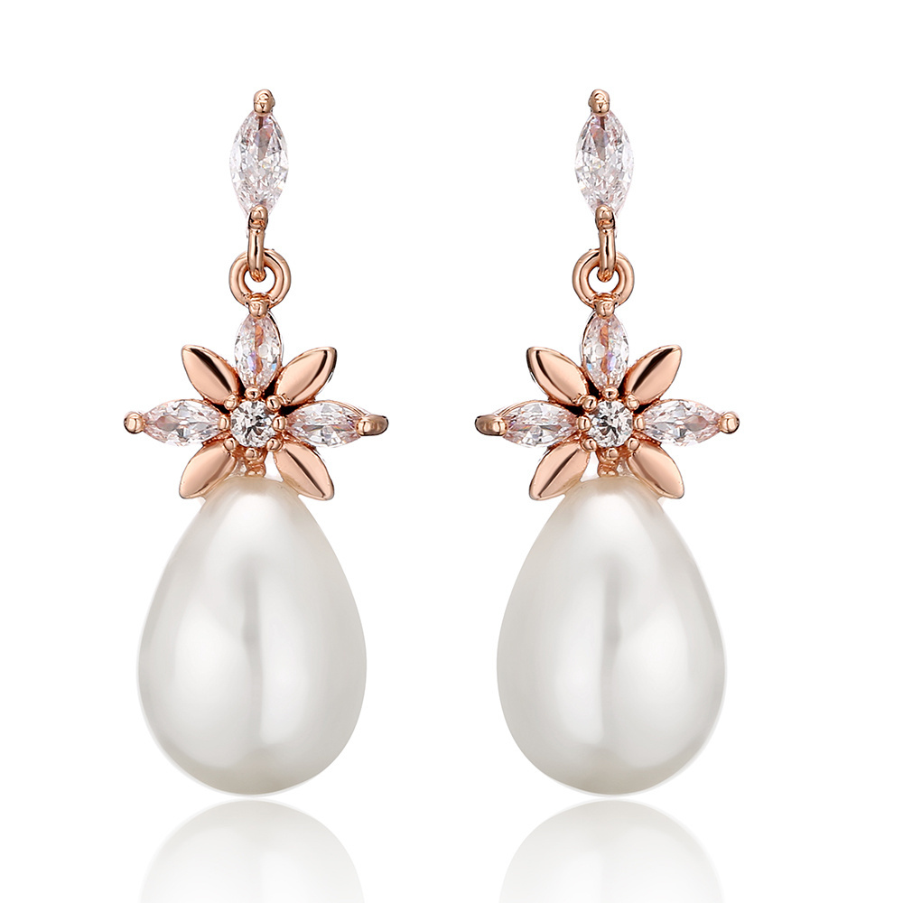 RAKOL EP1164 luxury fashion sliver 18K gold plated custom zircon pearl drop dangle earrings for wedding