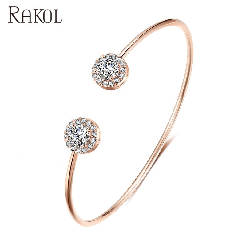 RAKOL BP2195 New 2023 18k Gold Plated CZ Crystal Round Zircon Cuff Bangle Bracelet Wedding Dubai Gold Bangle For Women Bridal