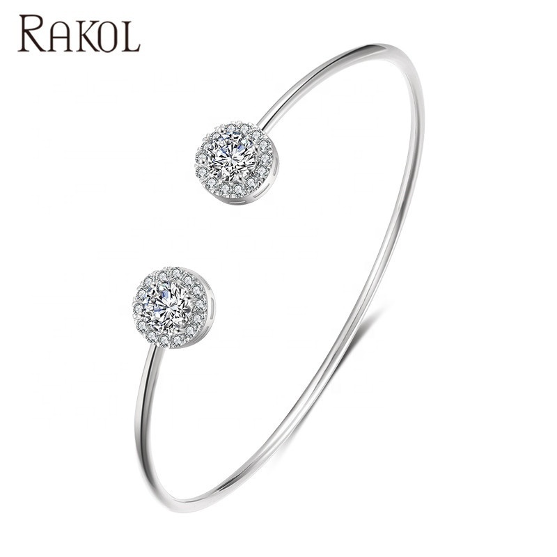 RAKOL BP2195 New 2023 18k Gold Plated CZ Crystal Round Zircon Cuff Bangle Bracelet Wedding Dubai Gold Bangle For Women Bridal