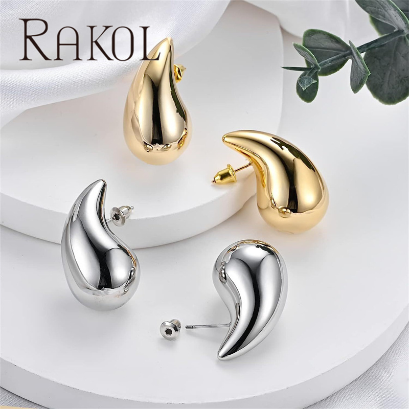 RAKOL ZPE5853 Stainless Steel Water Drop Earring For Women Fashion 18k Gold Plated Waterproof Jewelry Chunky Tear Drop Earrings