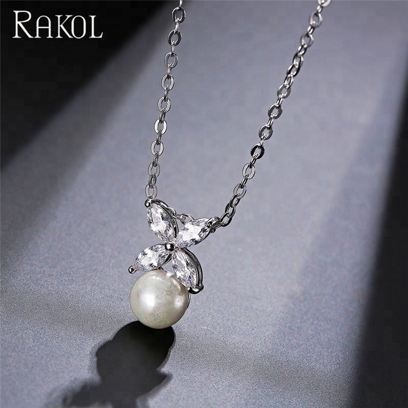 RAKOL SP293 Silver/Gold/Rose Gold Decorations Pearl Pendant Crystal Zircon Flower Jewelry Set