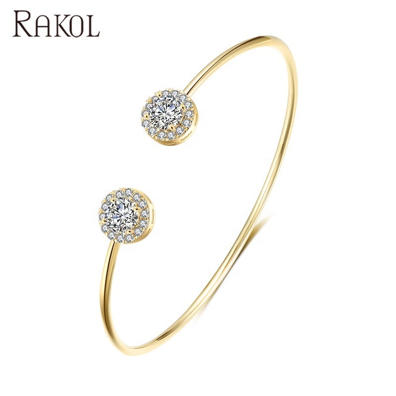 RAKOL BP2195 New 2023 18k Gold Plated CZ Crystal Round Zircon Cuff Bangle Bracelet Wedding Dubai Gold Bangle For Women Bridal