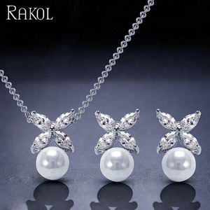 RAKOL SP293 Silver/Gold/Rose Gold Decorations Pearl Pendant Crystal Zircon Flower Jewelry Set