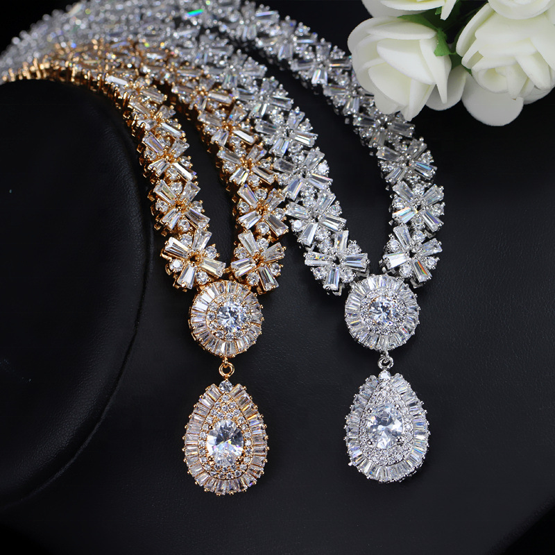 RAKOL SP232 American Style Popular Honorable Jewelry Full Inlay Crystal Zircon Water Shape Pendant Wedding Bridal Jewelry Set