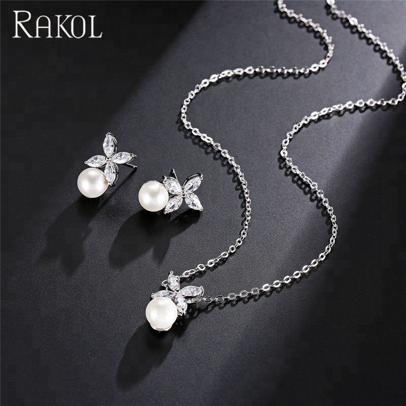 RAKOL SP293 Silver/Gold/Rose Gold Decorations Pearl Pendant Crystal Zircon Flower Jewelry Set