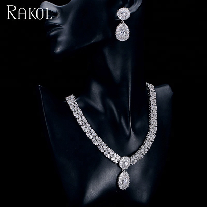 RAKOL SP232 American Style Popular Honorable Jewelry Full Inlay Crystal Zircon Water Shape Pendant Wedding Bridal Jewelry Set