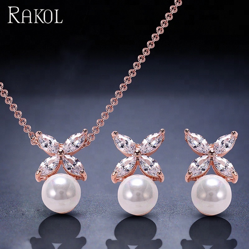 RAKOL SP293 Silver/Gold/Rose Gold Decorations Pearl Pendant Crystal Zircon Flower Jewelry Set