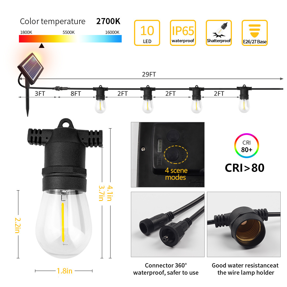 29FT Solar string Lights Outdoor E26 E27 S14 Edison Bulb included Christmas Waterproof connectable serial led string lights