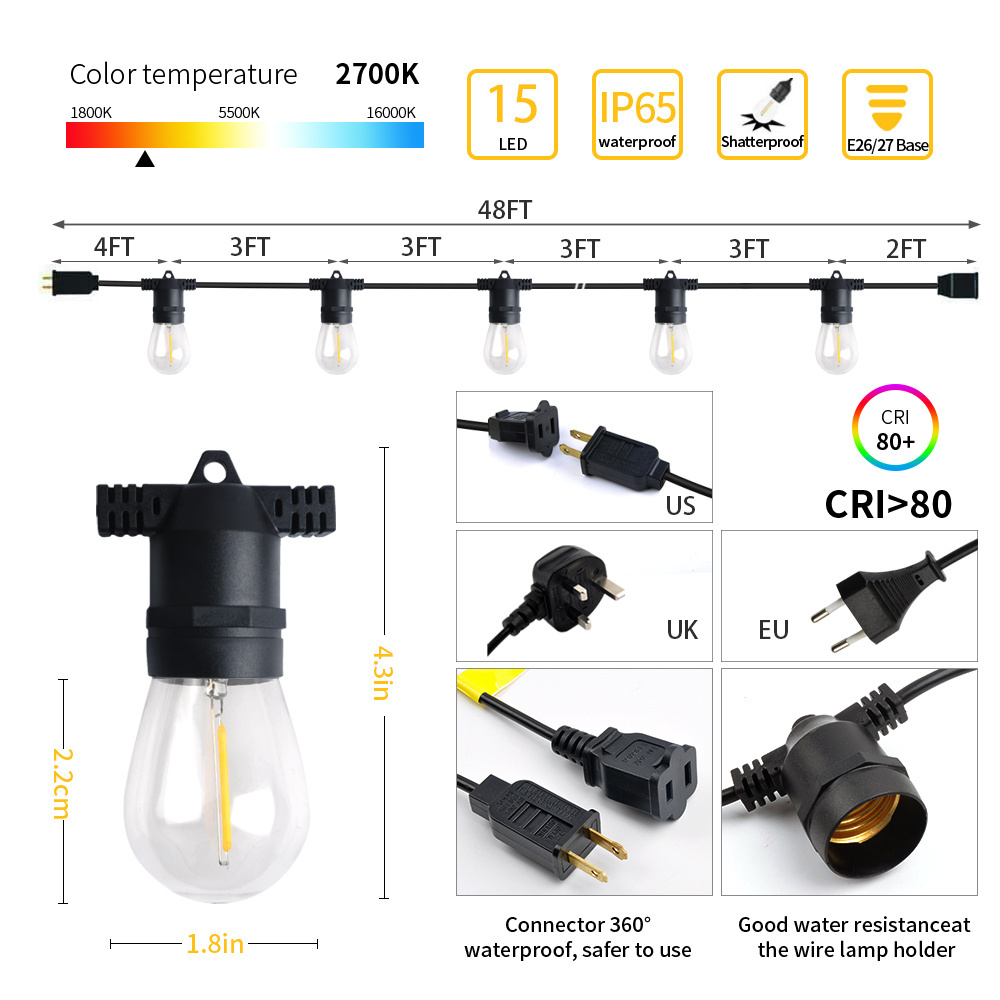 Easiest to install Christmas lights outdoor LED string lights S14 PC bulbs for garden, porch, gazebo, bistro, wedding, party