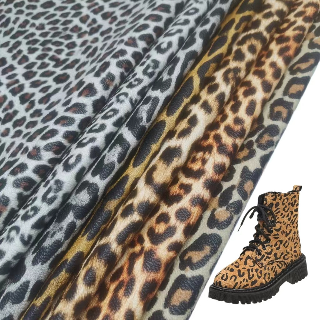 Customized 0.8mm Flocked Artificial Fabric Material lsynthetic Leopard Print PU leather for Bags Totes Shoes