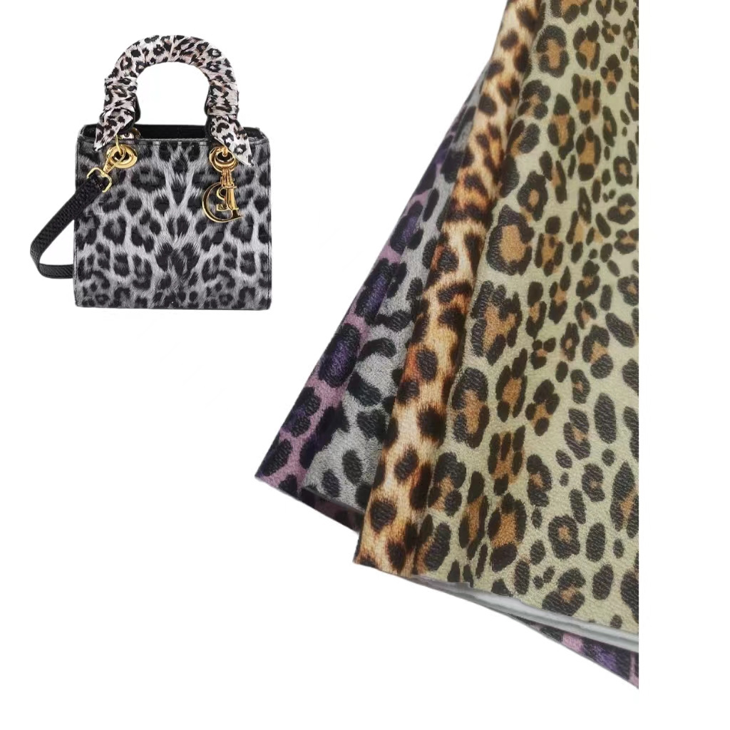 Customized 0.8mm Flocked Artificial Fabric Material lsynthetic Leopard Print PU leather for Bags Totes Shoes