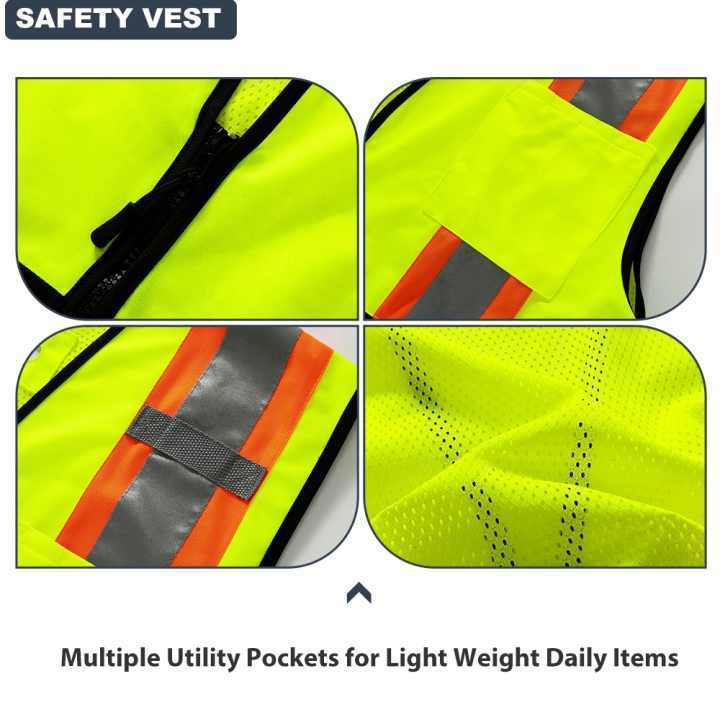 Reflective Safety Worker Vest Custom Logo with Pockets Yellow Fluorescent Visibility Work Class 2 Safety Vests