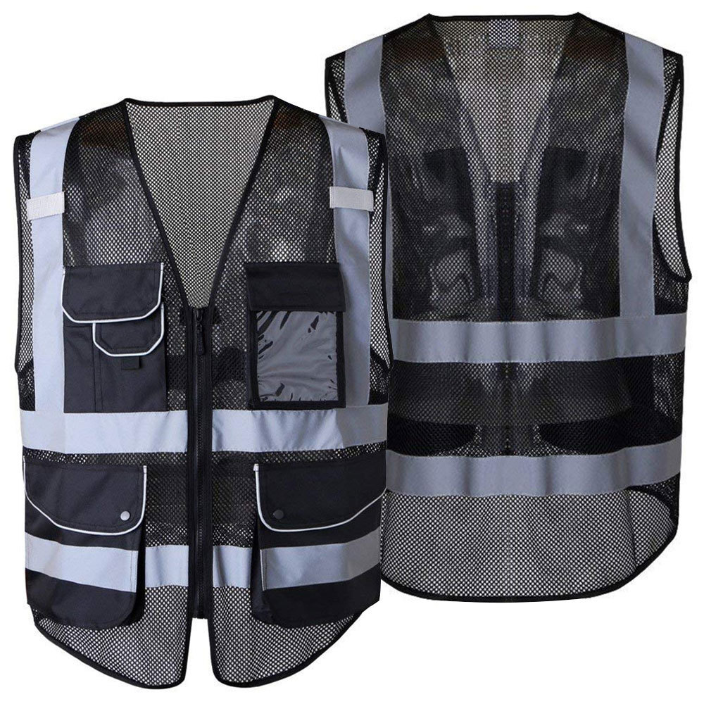 Black Customized Reflective Motorcycle Safety Vest Hi Visibility Construction Work Uniform Security ANSI Class 2 Vest