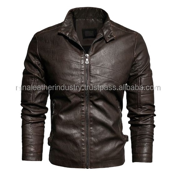 OEM pakistani supplier asymmetric zip placket studded lapels leather biker jacket in brown pu leather jackets