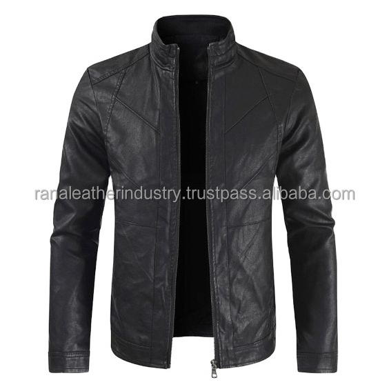 OEM pakistani supplier asymmetric zip placket studded lapels leather biker jacket in brown pu leather jackets