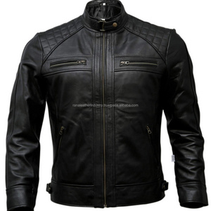 OEM pakistani supplier asymmetric zip placket studded lapels leather biker jacket in brown pu leather jackets