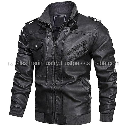 OEM pakistani supplier asymmetric zip placket studded lapels leather biker jacket in brown pu leather jackets