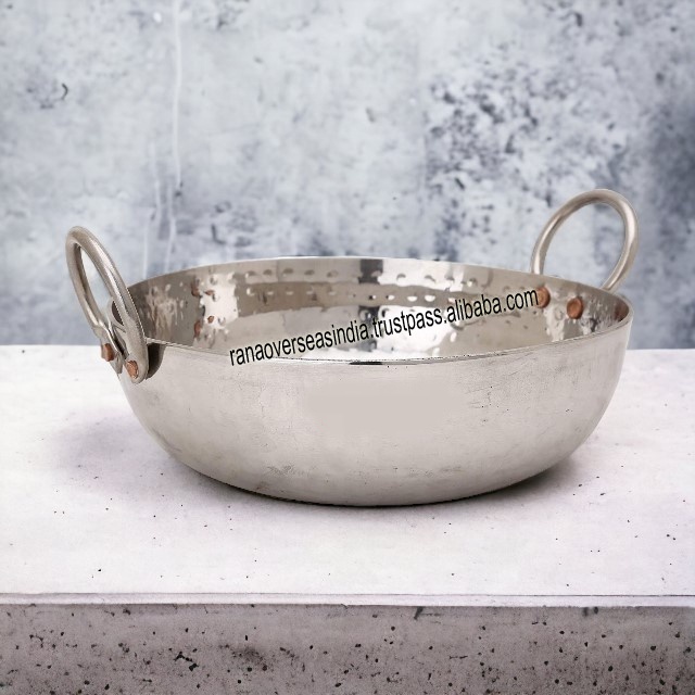 Hot Selling Stainless Steel Kadhai/Paella Pan Hammered Design Round Kadai For Cooking And Serving