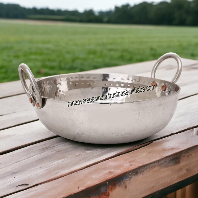 Hot Selling Stainless Steel Kadhai/Paella Pan Hammered Design Round Kadai For Cooking And Serving