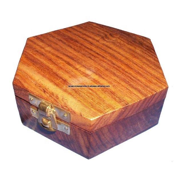 Hexagonal Shape Wooden Spice Box With Seven Containers for Kitchen Masala Spice Box In Brown