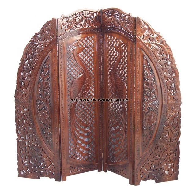 2  Panel Wooden Room Divider With Traditional Peacock Carving Design For Kitchen Office Hotel