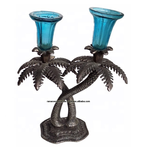 Hand Crafted Aluminium Palm Tree Design Candle Holder for Restaurant And Office Decorative