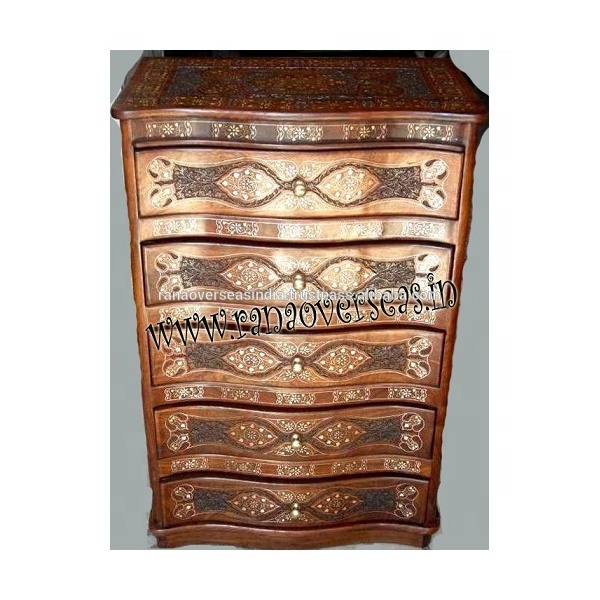 Traditional Handmade Sheesham Wood Five Drawers Chest With Brass Inlay Design For Bed Room