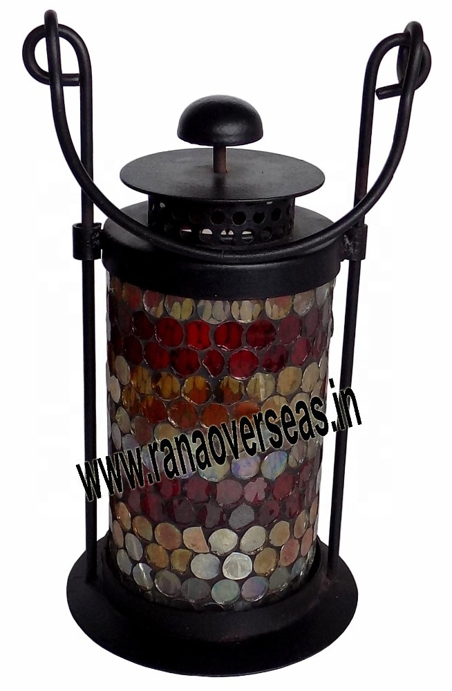 Mosaic Glass And Iron Tea Light Hanging Candle Lantern for Indoor Outdoor And Restaurant Decor