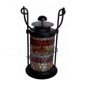 Mosaic Glass And Iron Tea Light Hanging Candle Lantern for Indoor Outdoor And Restaurant Decor